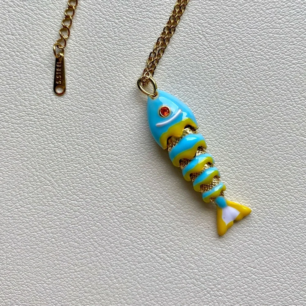Blue and Yellow Fish Pendant Necklace - Picture 2 of 2